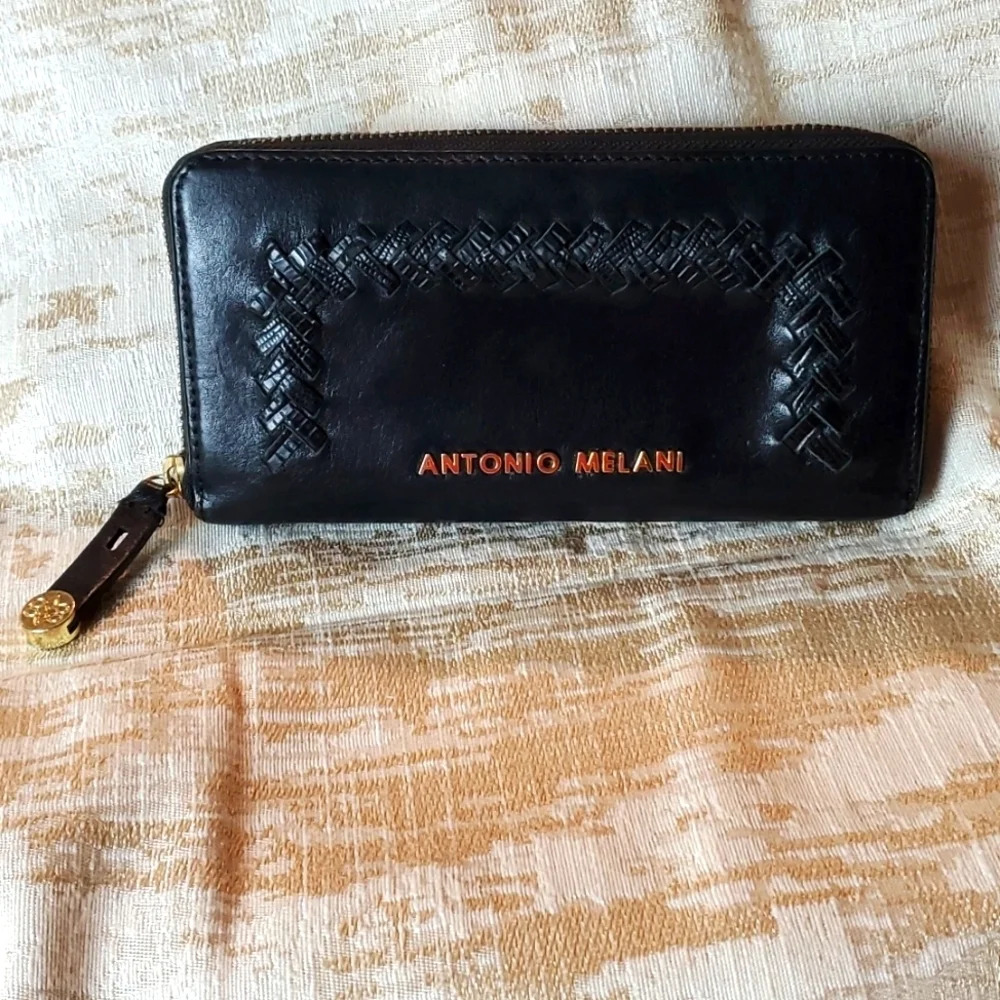 Womans Antonio Melani Signature Black Leather Braided Zip Around Wallet